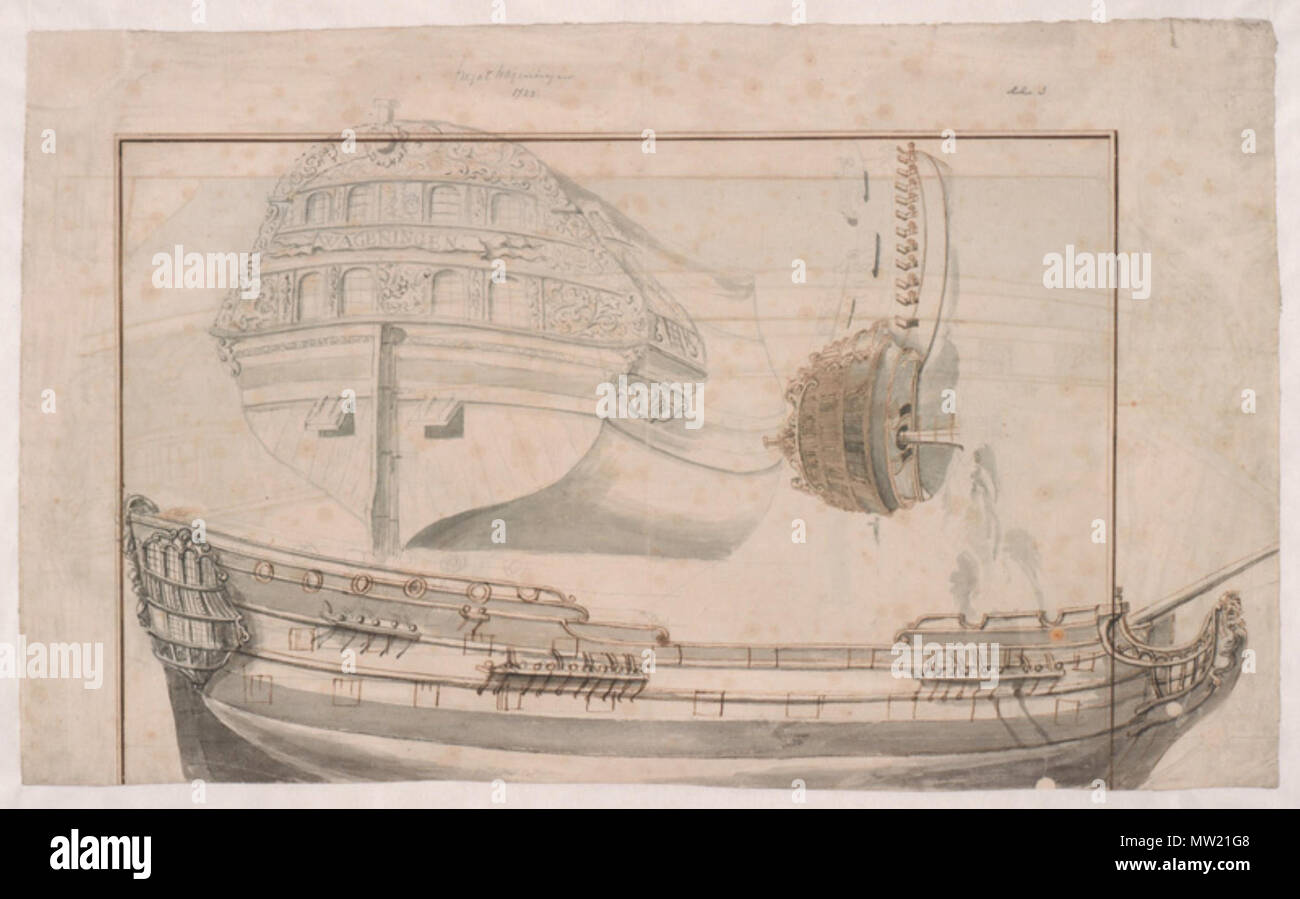 . English: Zeichnungen der niederländischen Fregatte "Wageningen" 1723 gebaut von Gerbrand Slegt. 18 Februar 2014, 07:04:03. Unbek, Ca. 1723 640 Wageningenslegt Stockfoto