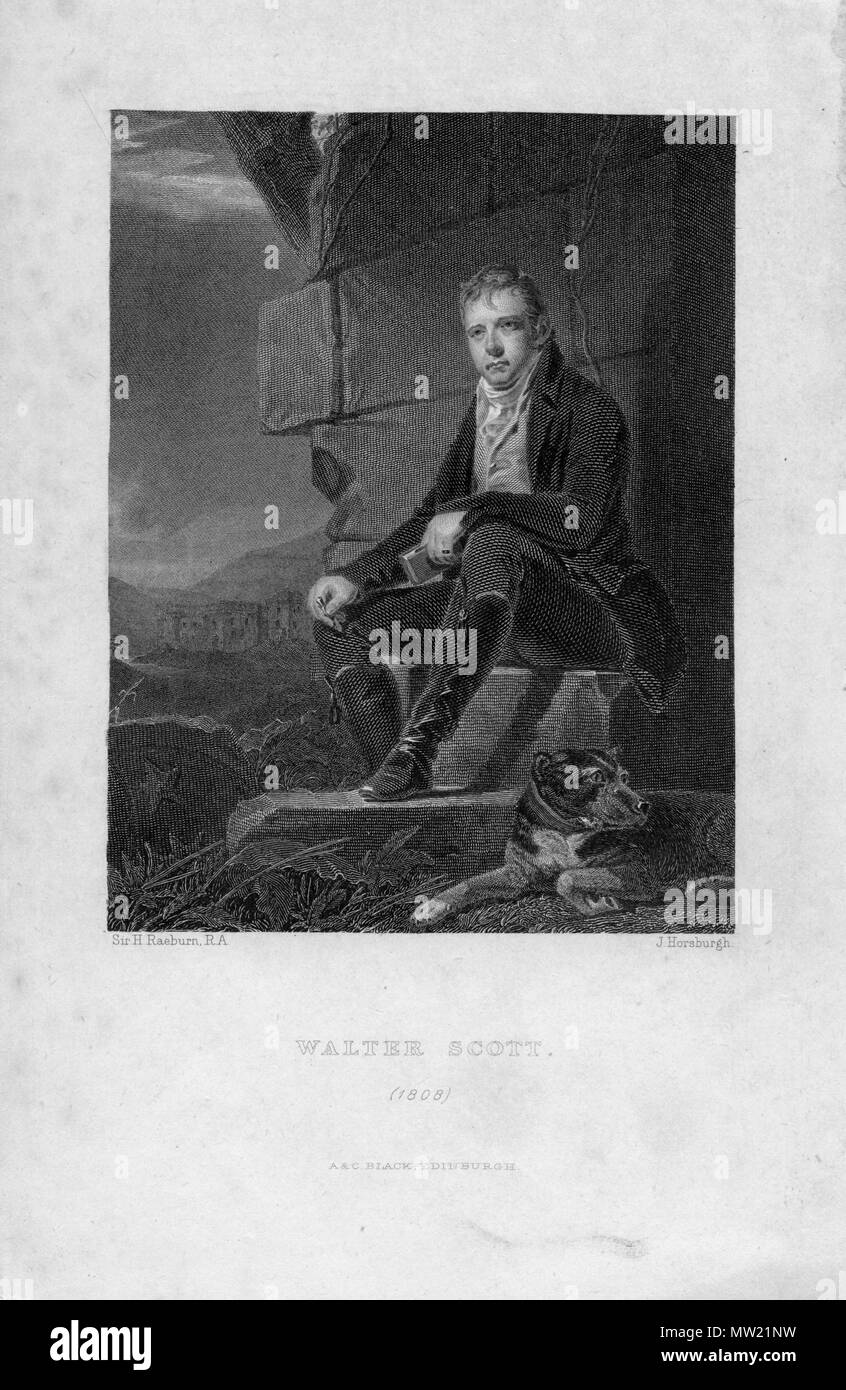 . Français: Porträt gravé. 1808. John Horsburgh d'après Henry Raeburn 641 Walter Scott (avec Chien) Stockfoto