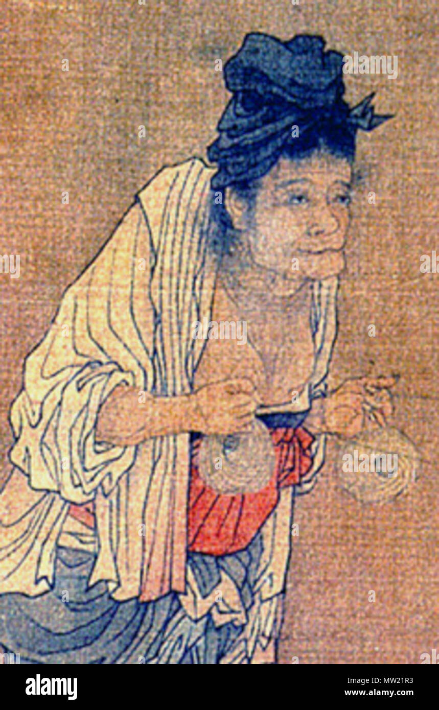 . Close-up Detail einer weiblichen Figur aus der linken Hälfte des chinesischen Künstlers Wang Juzheng handscroll's Das Spinnrad. Deng Yingke und Wang Pingxing, auf Seite 48 der alten chinesischen Erfindungen (2005, durch 五洲传播出版社, ISBN 7508508378) eine Alternative vorschlagen Titel für diese Malerei als die Herstellung von Seide von Wang Juzheng, der Nördlichen Song Dynastie veröffentlicht. Northern Song Era, 960-1127. Wang Juzheng 641 Wang Juzheng's Spinning Wheel, Close Up 1. Stockfoto