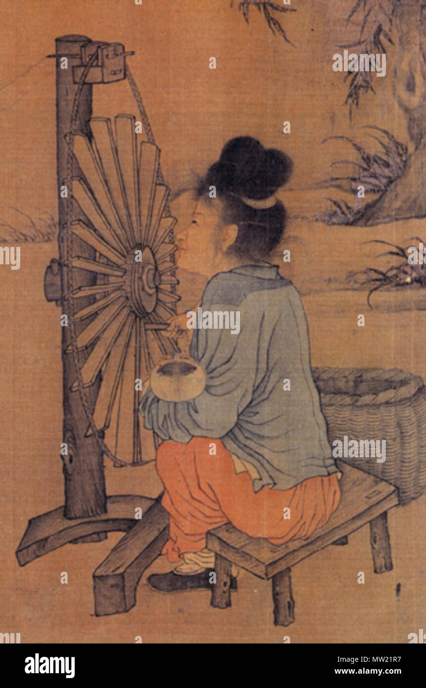 . Close-up Detail einer weiblichen Figur aus der rechten Hälfte des chinesischen Künstlers Wang Juzheng handscroll's Das Spinnrad. Deng Yingke und Wang Pingxing, auf Seite 48 der alten chinesischen Erfindungen (2005, durch 五洲传播出版社, ISBN 7508508378) eine Alternative vorschlagen Titel für diese Malerei als die Herstellung von Seide von Wang Juzheng, der Nördlichen Song Dynastie veröffentlicht. Northern Song Era, 960-1127. Wang Juzheng 641 Wang Juzheng's Spinning Wheel, Nahaufnahme 2 Stockfoto