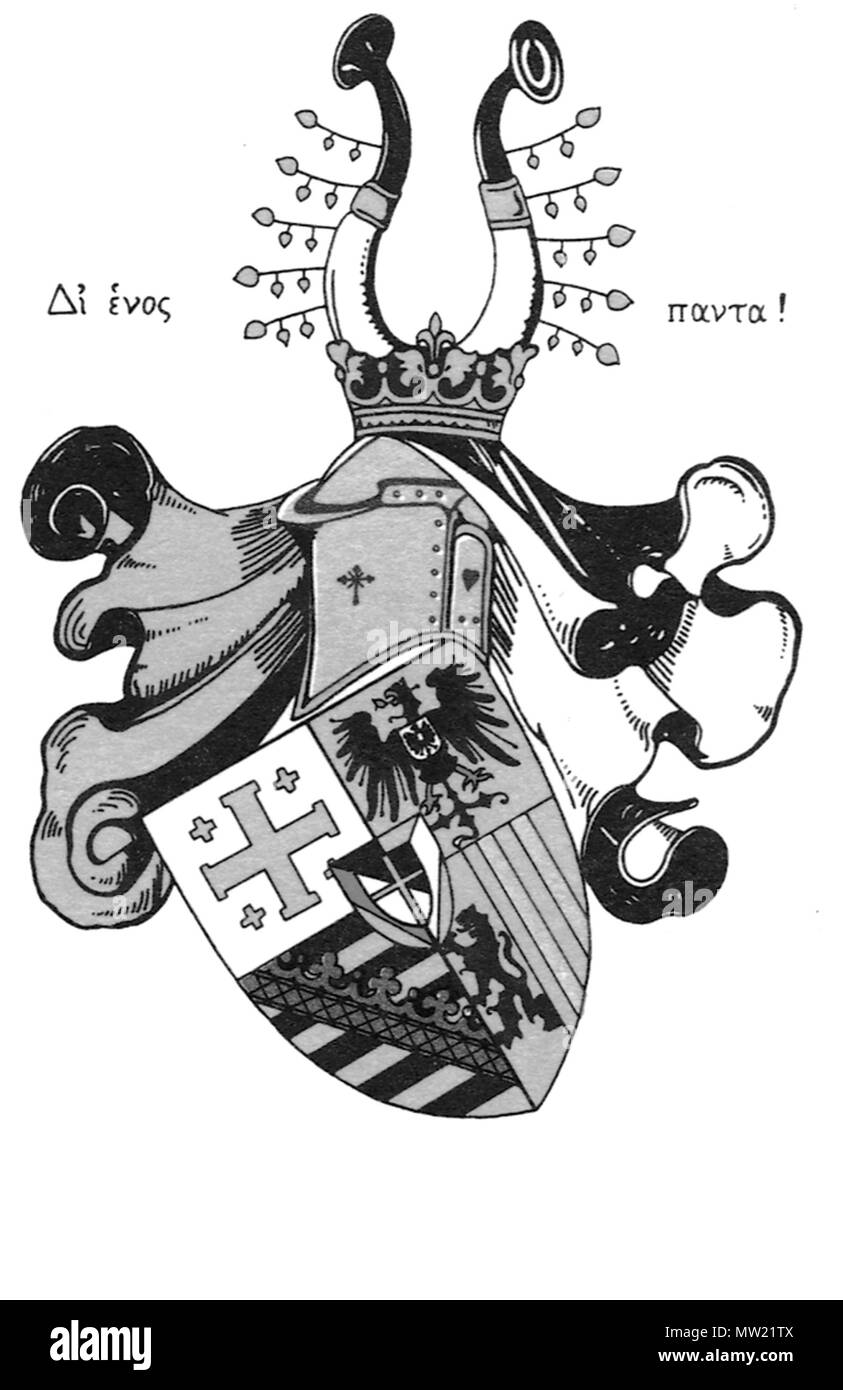 . Deutsch: Das Wappen des Leipziger Wingolf ist ein Viergeteilter Schild mit Helmzier, der in seinem oberen rechten Teil das jerusalemkreuz des Wingolf zeigt, daneben den Deutschen Reichsadler (1888 - 1918). In der unteren Lehrwerk zeigt es rechts das Wappen Sachsens, daneben das der Stadt Leipzig. Mittig ist ein kleiner Schild zu sehen, rechts die Farben der Wittenbergia Vorläuferverbidnung'' (grün-weiß-gold), daneben die Farben schwarz-rot-gold zeigt und Lateinisches Kreuz in den Farben des Wingolf führt. 17. Oktober 2011. Leipziger Wingolf 641 Wappen des Leipziger Wingolf sw Stockfoto