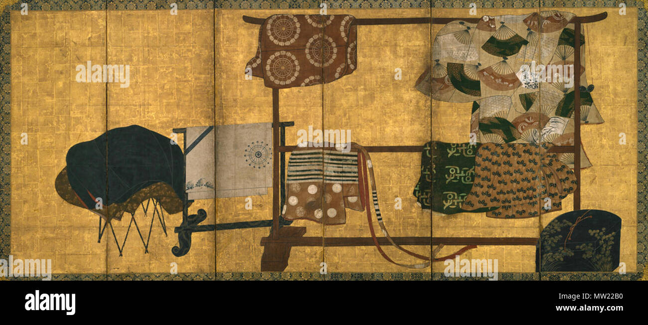 . Deren Ärmel? (Tagasode), momoyama Periode (1573 - 1615), Ende 16. Jahrhundert Japan Paar sechs Panel klappbare Bildschirme; Tinte, Farbe und Gold auf vergoldeten Papier 57 1/16 x136 9/16 in. (144,9 x 346,8 cm); gefaltet: 65 x 26 1/2 x 5 in. (165,1 x 67,3 x 12,7 cm) in diese Bildschirme, prächtige Kimonos lässig drapiert auf Maki-e (Dekoration von Gold und/oder Silber Pulver bestreut) Lack Racks eng ihre unbekannten Trägers hervorrufen und prompt die Frage", dessen Ärmel?' (Tagasode). Die berühmte Phrase dreht sich auf der Vorstellung, dass eine Person in seinem oder ihrem Besitz enthielt ein kraftvoller Ausdruck der pers. Stockfoto