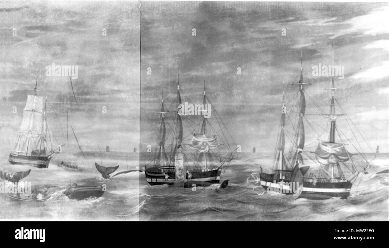 . Detail der "Walfang Reise rund um die Welt", ca. 1848, ein Panorama von Benjamin Russell (1804-1885) und Kaleb S. Purrington (1812-1876). ca. 1848 644 WhalingVoyage ca 1848 byRussell und Purrington detail NewBedfordWhalingMuseum 9. Stockfoto