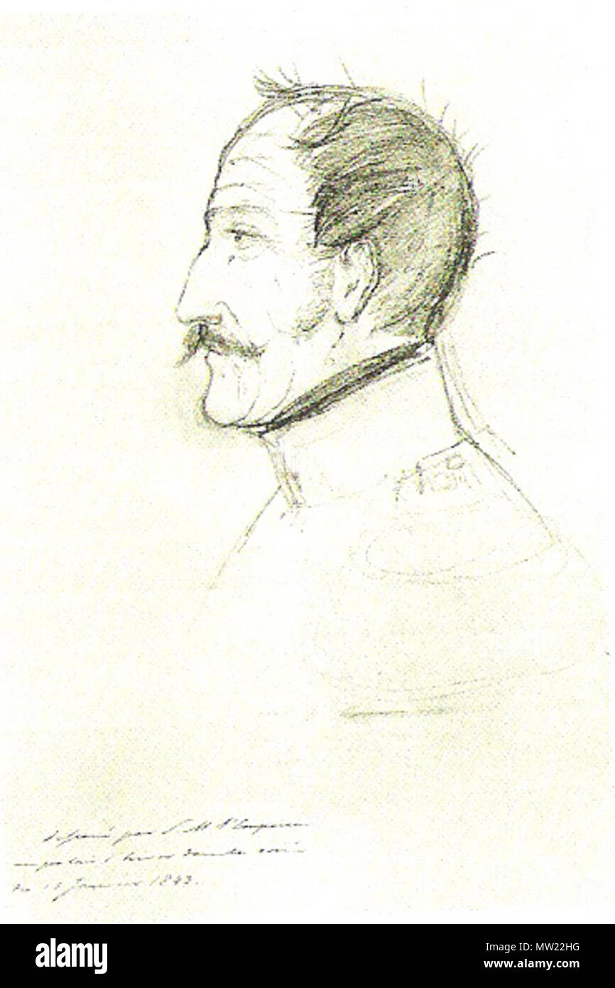 . Русский: НИКОЛАЙ I, император. Автопортрет. 1843. Бумага, карандаш. Под изображением слева надпись essine раг карандашом: "8. М. l Empereur au Palai (s)) d hiver dans la Soiree du 15 janvier 1843' ('Рисовано Е. И. Величеством в Зимнем дворце на вечере 15 января 1843'). Институт русской литературы ('Пушкинский РАН дом"). 11. März 2009. Nikolaus I. von Russland 550 Self-portrait von Nikolaus I. Stockfoto