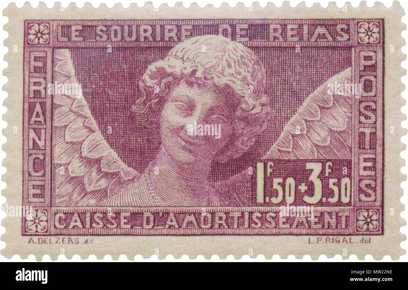 . Français: Timbre de 1930 'L'Ange au Sourire' de la Cathédrale de Reims. 9 Januar 2014, 18:22:35. Louis Pierre Rigal 1930 646 WIKITIMBRES.FR POSTE -1930-2 Stockfoto