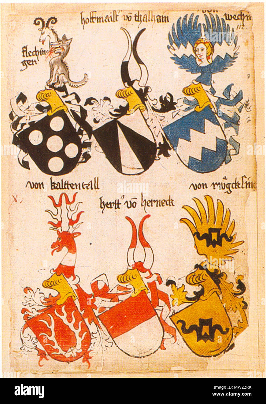 . Der ehemaligen Bibliothek Cotta Ingeram-Codex flechin/gen hoffmaister vo (n) von thalhain wechn (er) von kaltenntall hertt (er) vo (n) von rwgckling herneck (Rückling) 668 Ingeram Codex 112 Stockfoto