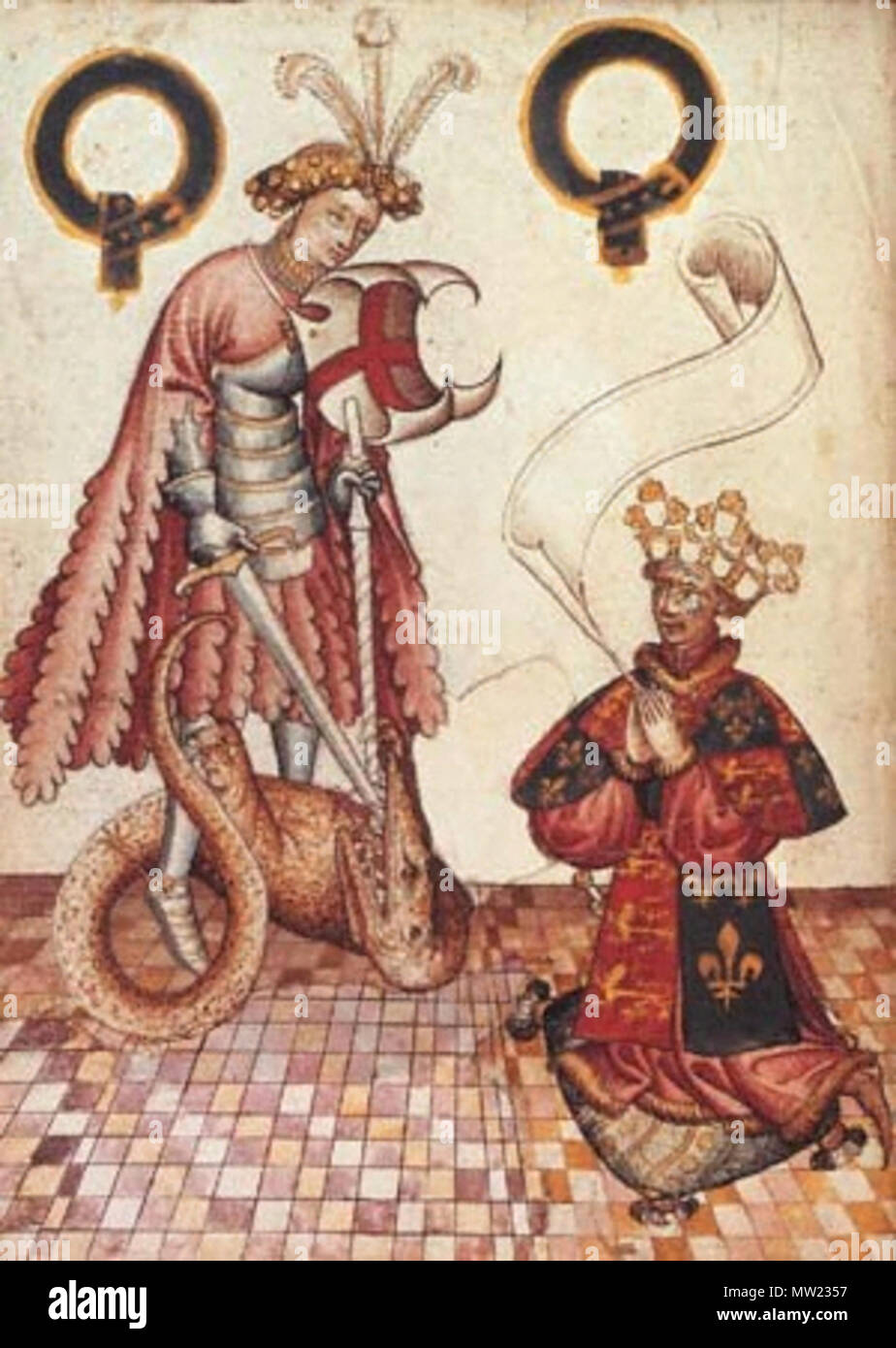 . Ein Bild von William Brügge, strumpfband König der Arme, der in einem Manuskript Beleuchtung von um 1430. Brügge ist kniend vor St. George, der Schutzheilige von England. ca. 1430. Unbekannt 648 William Brügge Strumpfband König von Waffen Stockfoto