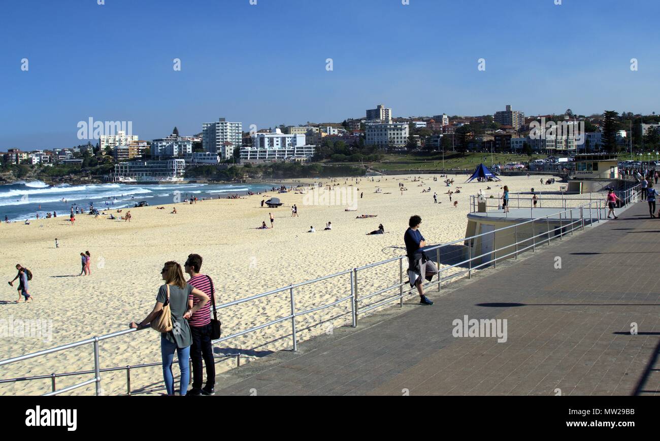 Personen, sonnigen Tag am Bondi Beach Sydney Australien. Im Hinblick ist Sydney Stadtbild von Waterfront Gebäude oder Immobilien im Süden von Bondi Stockfoto