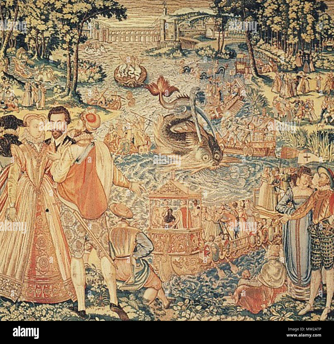 . Englisch: Water Festival in Bayonne. Tapisserie. 335 × 394 cm. Uffizien, Florenz. Dies ist einer von acht Wandteppiche, als der Valois Tapisserien bekannt, dass die Festivals von Valois Gericht von Catherine de' Medici organisierte illustrieren. Alle wurden, zumindest teilweise, nach Entwürfen von Antoine Caron. Dieses zeigt die Festlichkeiten auf dem Gipfeltreffen zwischen der französischen und der spanischen Gerichte an der Bayonne in 1565. ca. 1580 - 81. Nach Antoine Caron. Im Vordergrund Figuren wurden möglicherweise von einem anderen Künstler gestaltet. 625 Valois Wandteppich, Wasser Festival in Bayonne Stockfoto