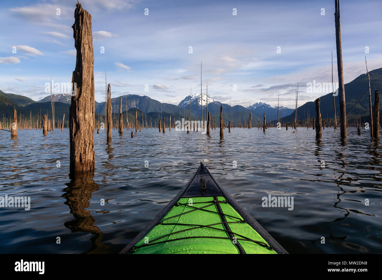 Kajak während eines schönen Morgens durch die Kanadische Berglandschaft. In Daube, See, östlich von Vancouver, British Columbia, Kanada. Stockfoto