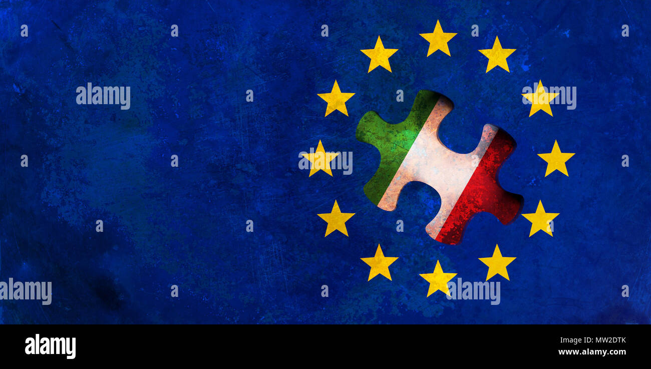 Italien und die EU-Beziehungen, Italexit Konzept. Fahne der Europäischen Union mit Italien Flagge Puzzle Stück heraus. 3D-Darstellung Stockfoto