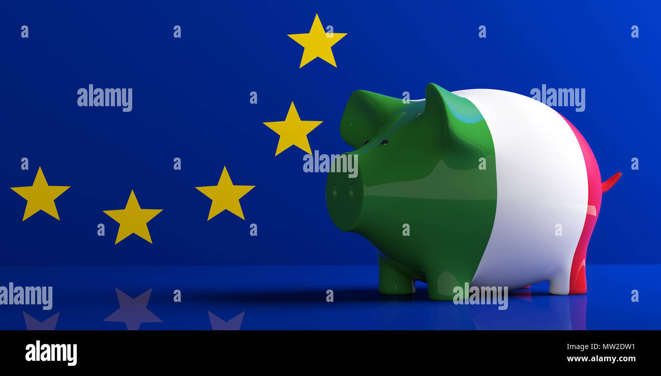 Italien, Wirtschaftskrise und der Europäischen Union. Italien Flagge Sparschwein auf der EU-Flagge. 3D-Darstellung. 3D-Darstellung Stockfoto