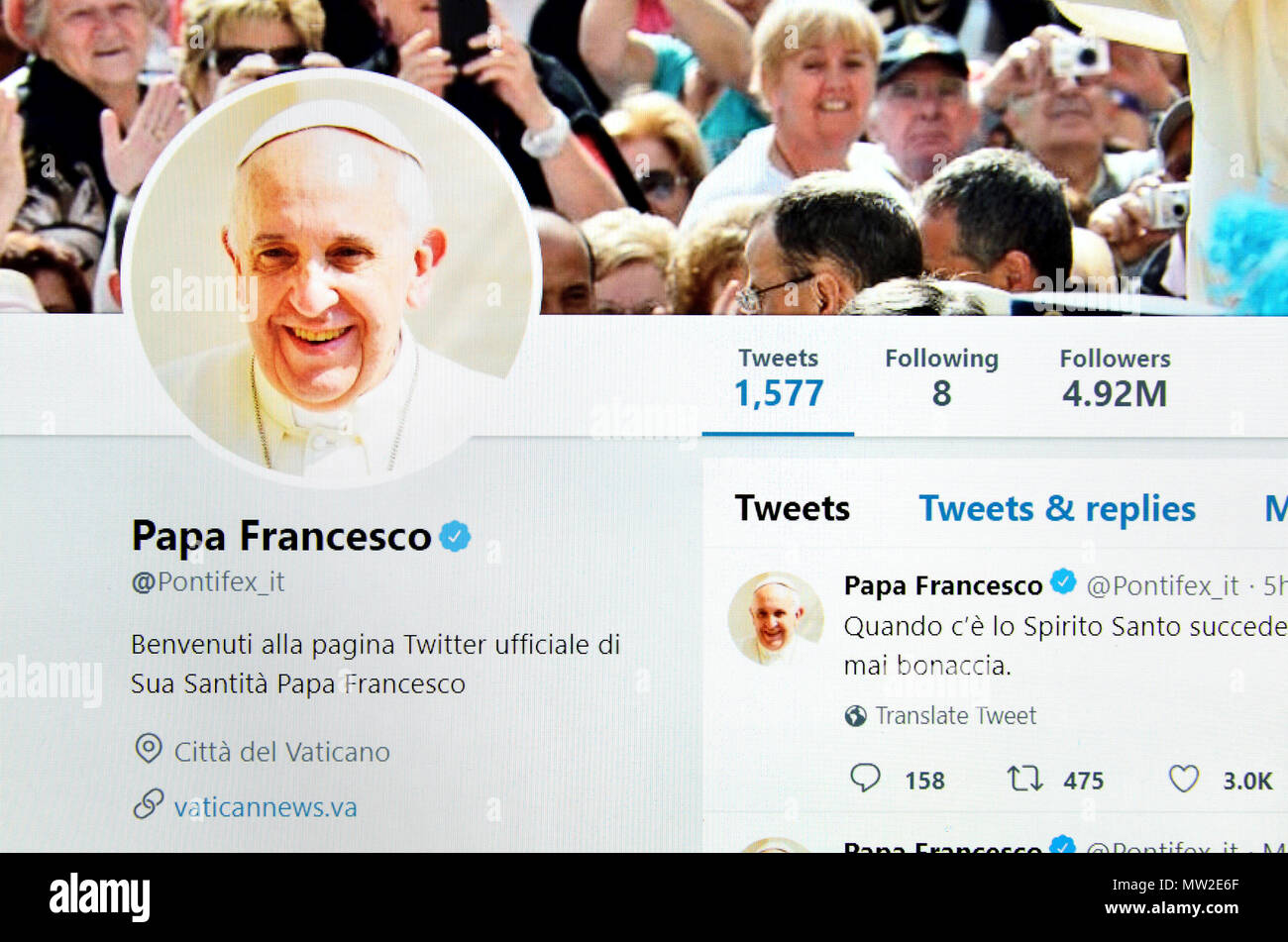 Papst Franziskus' offizielle italienische Seite Twitter (2018) Stockfoto