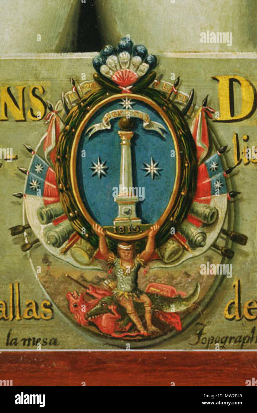 . Englisch: Wappen von Chile während der Jahre 1819 bis 1834. Von der Farbe des Künstlers José Gil de Castro extrahiert. Español: Escudo de Armas de Chile Durante los años 1819 Hasta 1834. Extraído de obra del artista José Gil de Castro. 1821. José Gil de Castro (1785-1845) 134 Wappen von Chile (1819) Stockfoto