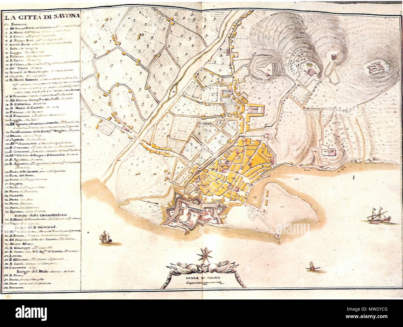 . Mappa Di Matteo Vinzoni raffigurante Savona e la Fortezza del Priamar. 24. Juni 2009. Davide Papalini 544 Savona-Mappa Matteo Vinzoni (1773) Stockfoto