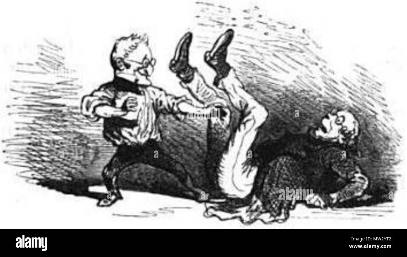 . Français: Karikatur de Thiers combattant Proudhon, par Cham. 1850. Cham (Amédée de Noé) 604 Thiers contre Proudhon par Cham Stockfoto