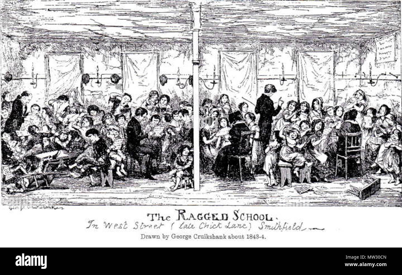 . Englisch: Cruikshank stellt ein ausgefranstes Schule an der Safran Hill Slum in London, die Charles Dickens im Namen der Philanthrop Angela Burdett Coutts im Jahr 1843 besucht. Dieser Besuch zweifellos prägte seine Konzeption der Unwissenheit und wollen - und die Bedeutung der elementaren Bildung als Antidot gegen Armut - in A Christmas Carol). (Philip V. Allingham). 28.August 2009, 13:54:01. Georges Cruikshank 598 Die zerklüftete Schule in West Street, späten Küken Lane, Smithfield, durch Schluchten Cruikshank Stockfoto