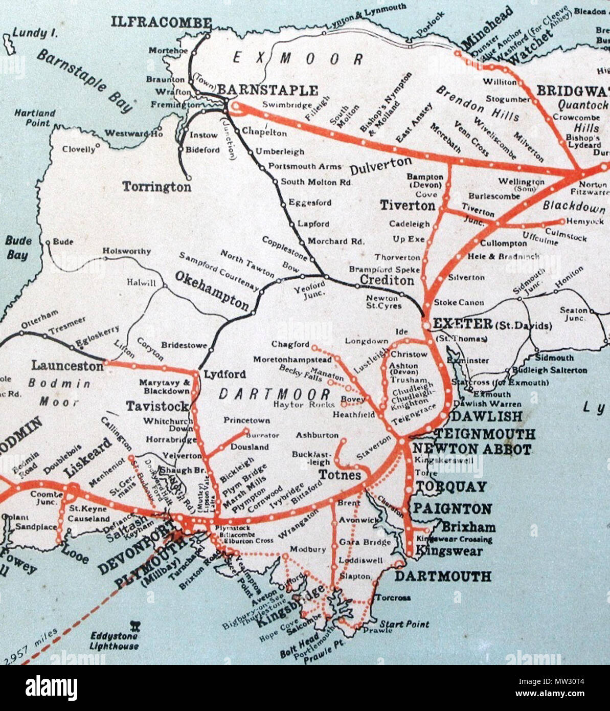 . Englisch: Die Great Western Railway Systems in Devon, England. ca. 1930. Great Western Railway 260 GWR Karte Devon Stockfoto