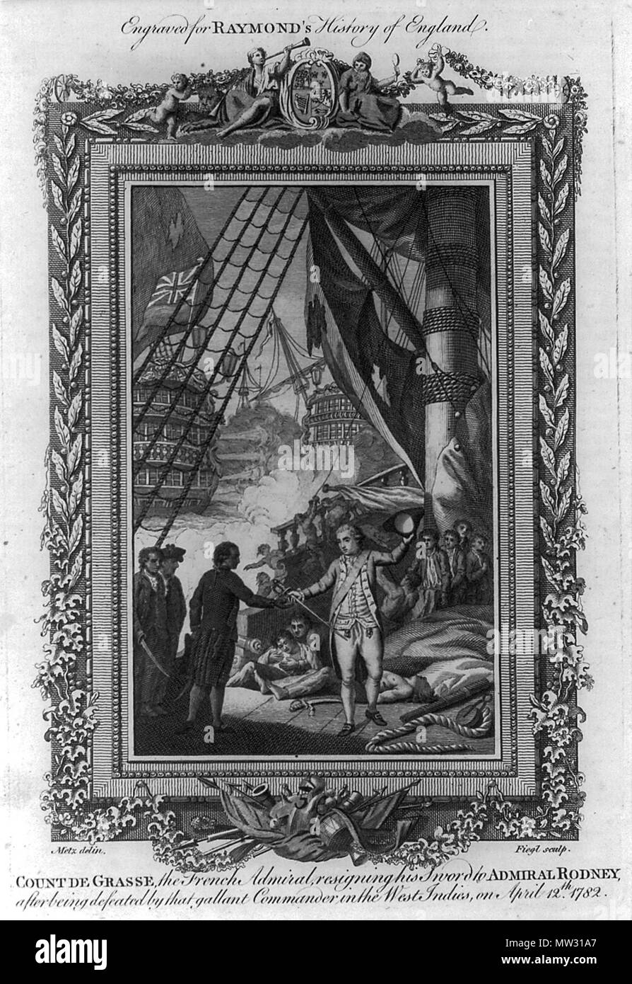 . François Joseph Paul de Grasse sein Schwert als Zeichen der Hingabe an George Rodney Brydges, 1. Baron Rodney am Ende der Schlacht des Saintes (aka Schlacht von Dominica). Illus. in: Eine neue, universelle und unparteiische Geschichte Englands ... im Frühjahr des Jahres 1784... / Von Georg Friedrich Raymond, Esq.... London: Gedruckt für J. Cooke, [1785?, S. 595]. ca. 1785. Unbekannt, erstellt für den Einsatz von Georg Friedrich Raymond. 155 De Grasse Hingabe an Rodney Stockfoto