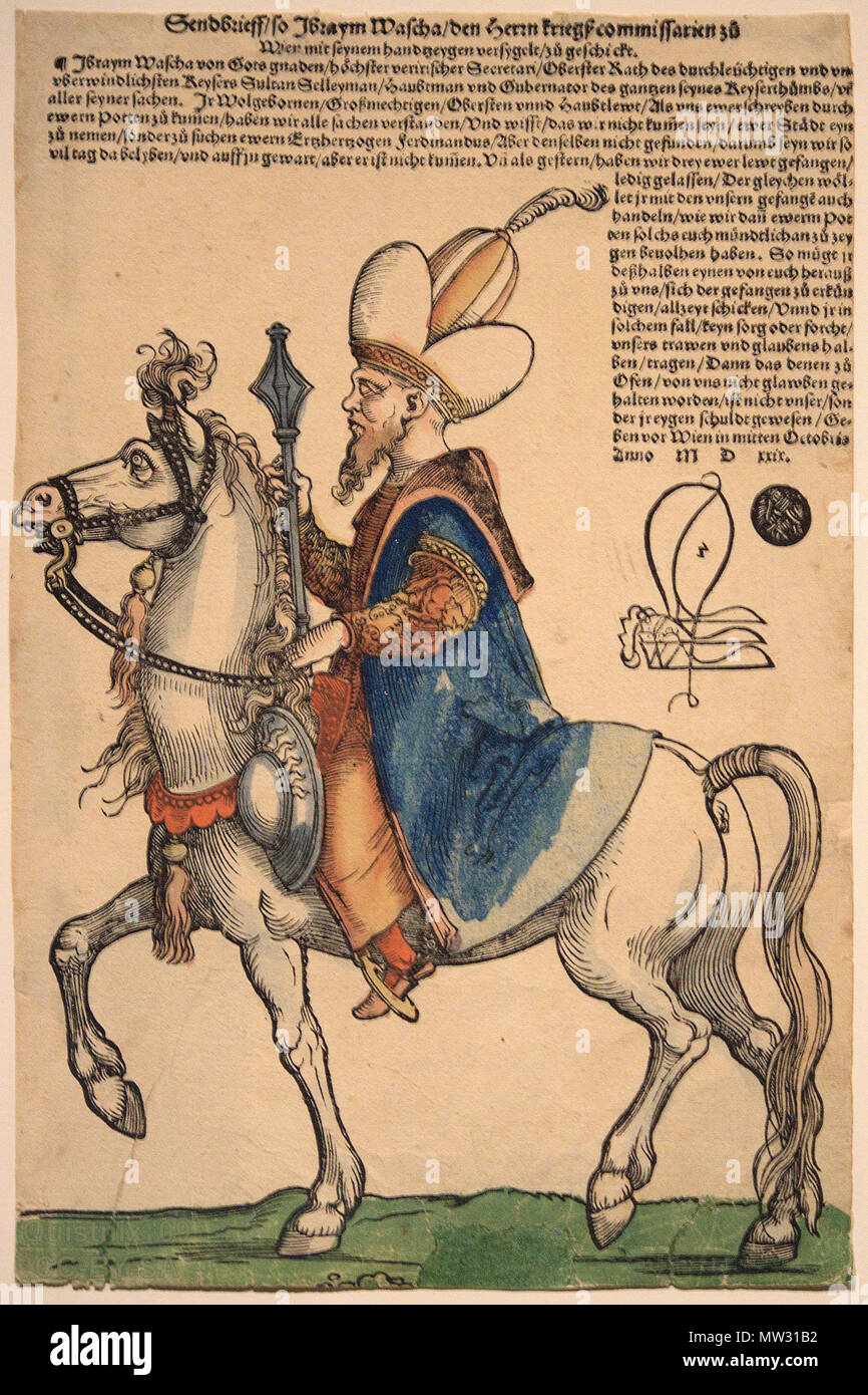 . Pargali Damat Ibrahim Pascha, ein Pferd reiten. Zeichnung von Hans Sebald Beham (Abt. 1530). Original im Museum Boijmans van Beuningen, Rotterdam. Vom 6. Dezember 2009, 16:39:21. Quistnix! 549 Sebald Beham - Pargali Damat Ibrahim Pascha ca1530 Stockfoto