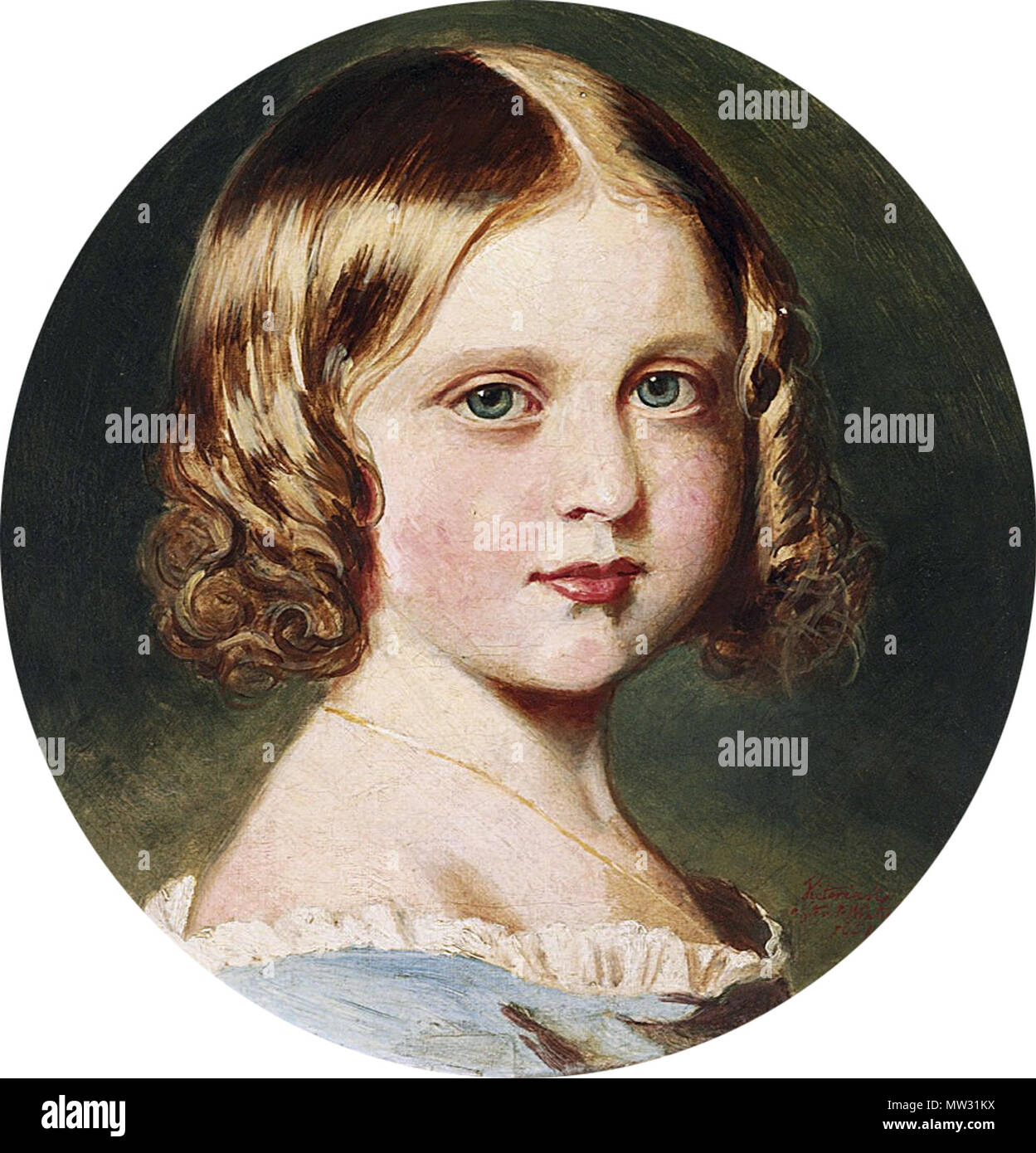 . Englisch: Porträt von Prinzessin Louise (1848-1939), bezeichnet und datiert "Victoria/nach Winterhalter/1851" (unten rechts) und mit der Inschrift "H.R.H. P'cess Louise, die Königin Victoria kopiert. (Auf der 1. Versuch in Öl) von F. Winterhalter. 1852' (auf der Rückseite). . 1851. Königin Victoria, nach Franz Xaver Winterhalter 508 Queen Victoria (1819-1901), nach Franz Xaver Winterhalter - Porträt von Prinzessin Louise (1848-1939) Stockfoto