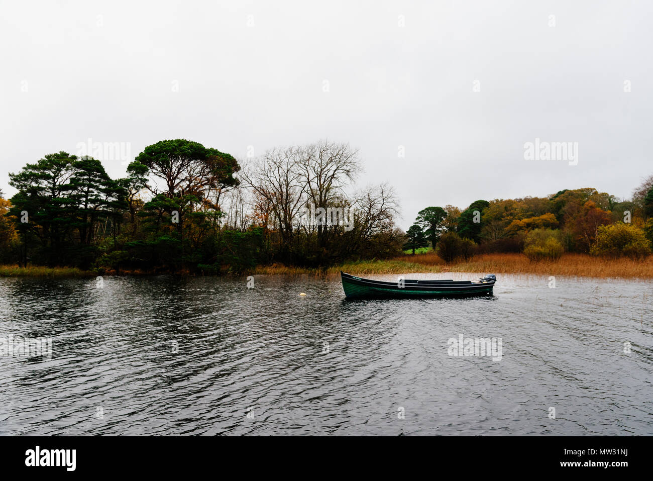 Malerischer Blick auf Boot in See in Killarney einem nebligen Tag gegen Sky Stockfoto