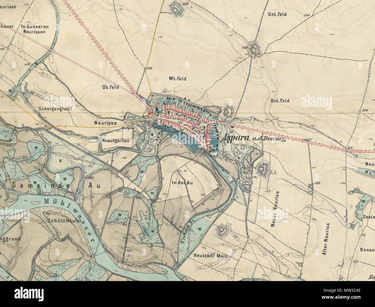 . Englisch: Karte von Aspern bei Wien, 1873 English: Ausschnitt aus historischer Landkarte: Gradkartenblatt Zone 13 Colonne XV Abschnitt 2 (als 4757/1 b). Hirschstetten, Aspern, Groß Enzerdsdorf. Franzisco-Josephinische (3.) Landesaufnahme der österreichisch-ungarischen Monarchie. Aufnahmeblatt 1:12.500. Aufgenommen 1873. ca. 1873. Österreichisch-Ungarische Monarchie, Militärgeographisches Institut 356 LA 3 1873 Aspern Stockfoto
