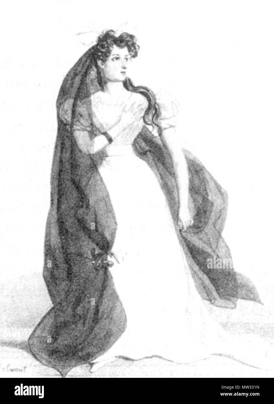 . Englisch: Irische Schauspielerin Harriet Smithson als Ophelia in der Charles Kemble's 1827 Produktion von Weiler in Paris. Bild ist freigestellt, und der Kontrast verändert. ca. 1827. Unbekannt 267 Harriet Smithson als Ophelia 1827 (7/8) Stockfoto