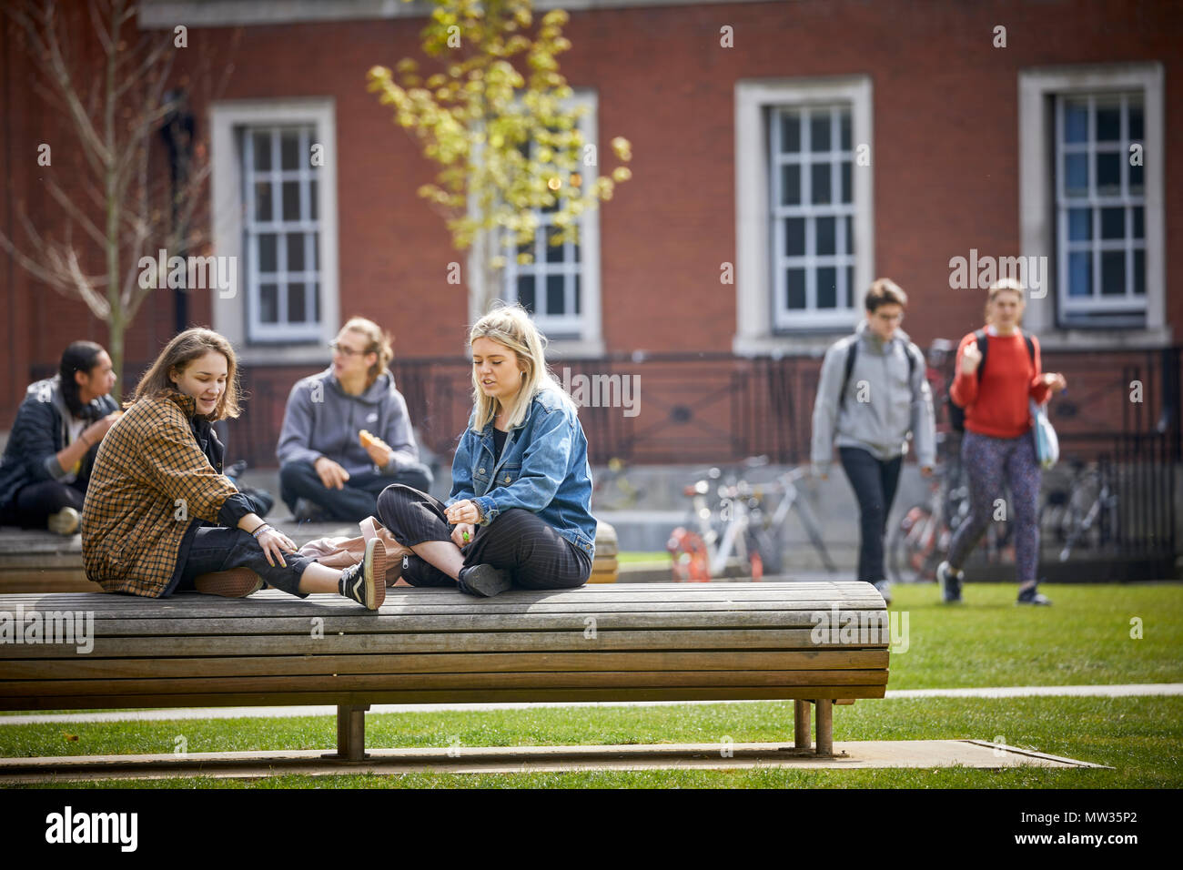 Manchester Universitätsstudenten, die im Green Park Fußgängerzonen zu ruhen und zu überarbeiten. Stockfoto