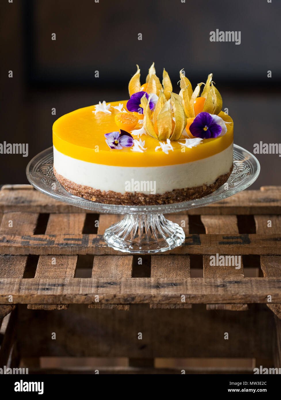 Raw vegan Mango mousse Kuchen Kuchen stand gegen den dunklen Hintergrund Stockfoto