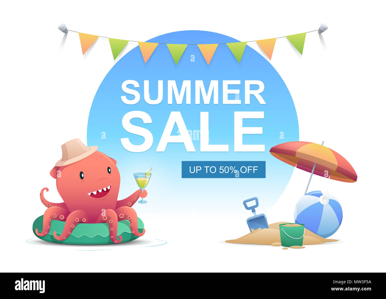 Cute rot Octopus Holding einen Cocktail im Sommer Getränke Glas auf dem Grün aufblasbarer Ring schwimmen auf weißem Hintergrund. Vector Illustration Stockfoto