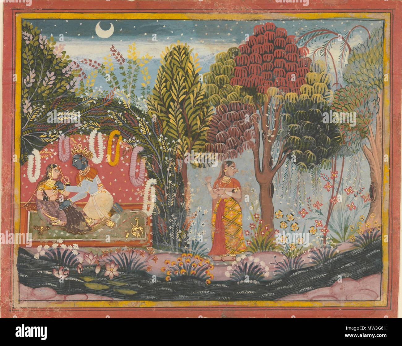. Englisch: eine Seite von einer verteilten Gita Govinda, Krishna und Radha in einer Laube. Tinte und deckende Wasserfarbe auf Papier, Messungen: 9 5/8 Zoll (24,4 cm) x 7 3/4 in. (19,7 cm). ca. 1665. Sahibdin (Fl. 17. Jahrhundert) 348 Krishna und Radha in einer Laube Stockfoto . Englisch: eine Seite von einer verteilten Gita Govinda, Krishna und Radha in einer Laube. Tinte und deckende Wasserfarbe auf Papier, Messungen: 9 5/8 Zoll (24,4 cm) x 7 3/4 in. (19,7 cm). ca. 1665. Sahibdin (Fl. 17. Jahrhundert) 348 Krishna und Radha in einer Laube Stockfoto