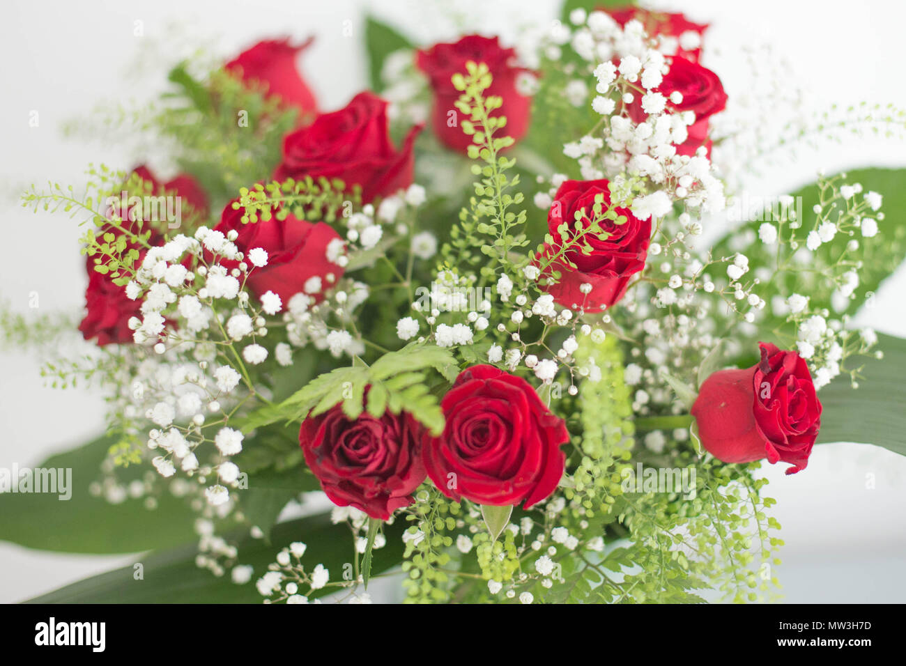 Wunderschöne Rosen Blumenstrauß mit grünen Blättern und weißen Blüten auf weißem Hintergrund Danke und Postkarte Design Zimmer für Text frische Konzept Liebe Stockfoto