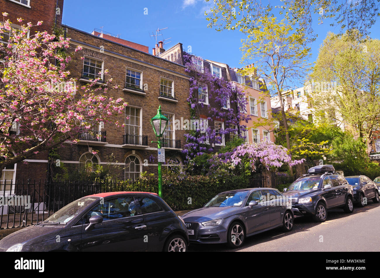 Schöner Frühling Farbe und Zeit Häuser in Kensington Square, London, England, Großbritannien Stockfoto
