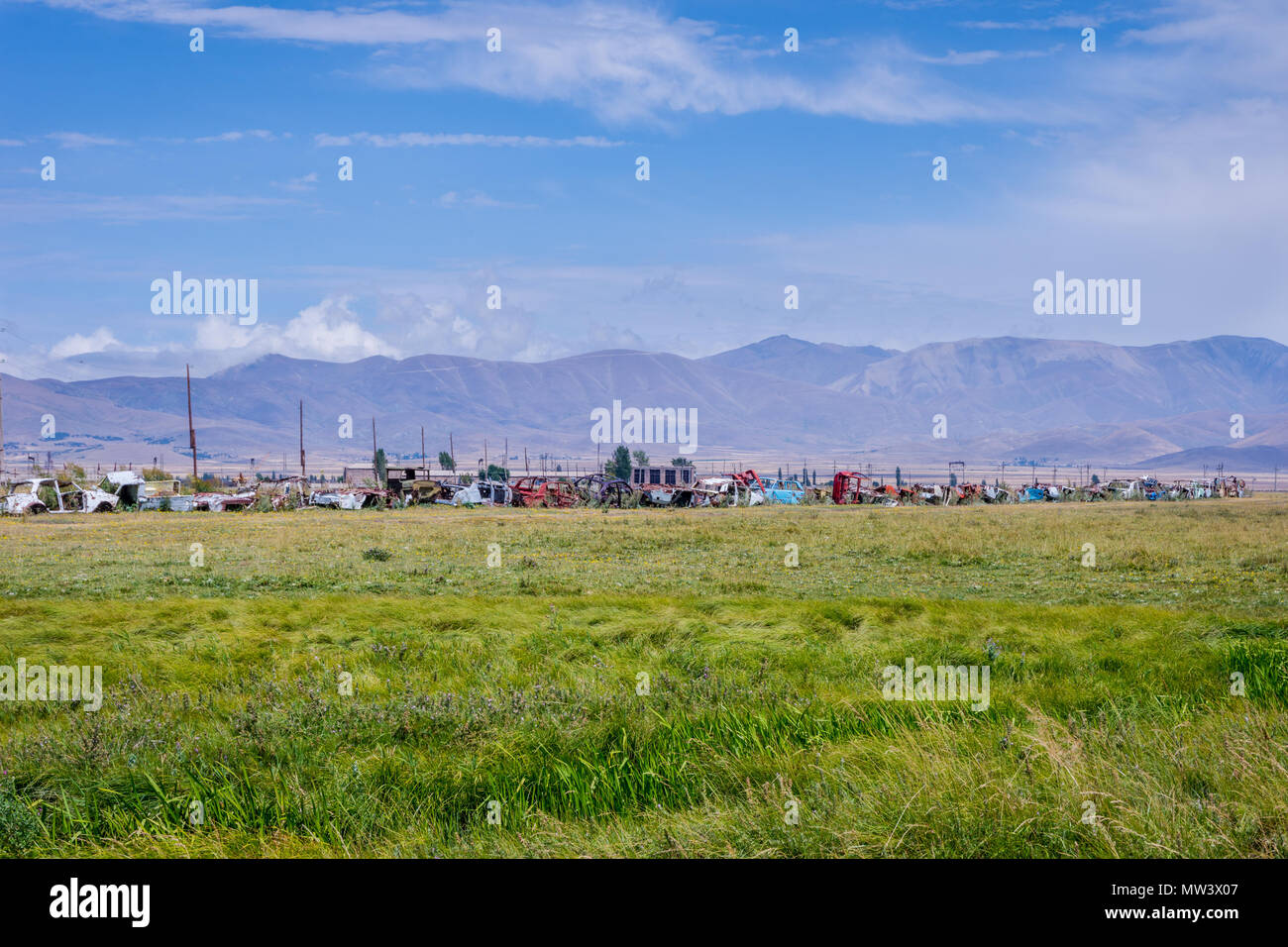 Landart Zaun oder ein Abfall in der bunten Wiese, Armenien Stockfoto