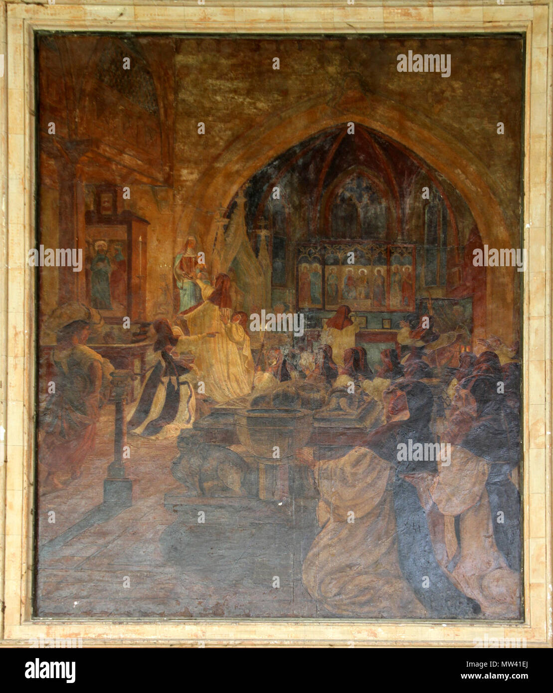 . Englisch: Fresko aus der Trinkhalle Baden-Baden. English: Kloster Lichtental. Fresko von Jakob Götzenberger in der Trinkhalle Baden-Baden, 1844. 1844. Fresko von Jakob Götzenberger, Reproduktion von Gerd Eichmann, 2010. 67 Baden-Baden - Trinkhalle-Fresko 14 - Kloster Lichtental 2-gje Stockfoto