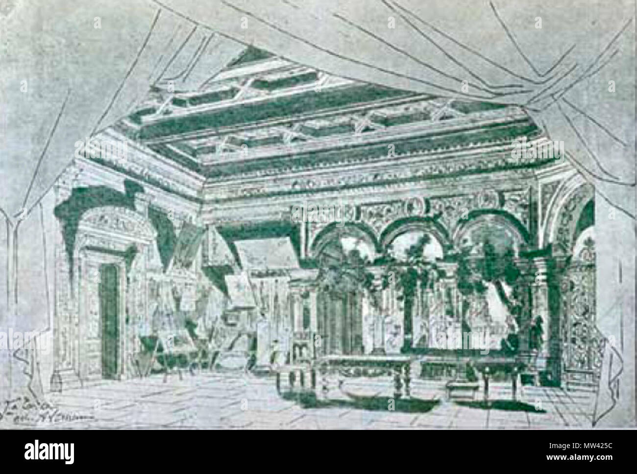 . Englisch: Stufe durch Lemeunier für Akt 3 von sardou's Play (La Tosca Cavaradossi Villa). 1887. Lemeunier 553 Set von Lemeunier für Akt 3 La Tosca 1887 Stockfoto