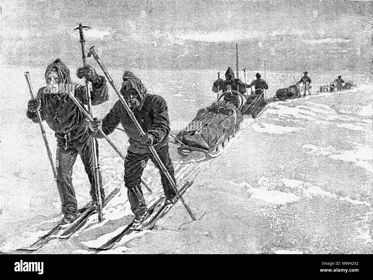 . Русский: Участники гренландской экспедиции Нансена на марше. 1890. A. Bloch, aus einem Foto. 437 Nansen Grönland Expedition auf dem März Stockfoto