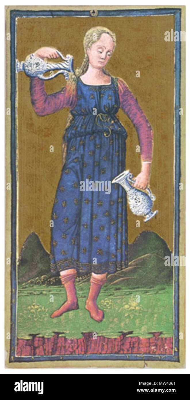 . 日本語: 著作権切れ。 unsicher, wahrscheinlich zwischen 1440 und 1470. 19. September 2010. Anonym 634 Visconti-Sforza tarot Deck. Temperance Stockfoto
