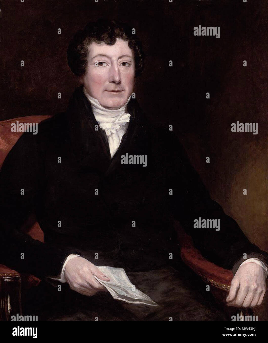 . Englisch: Porträt von Sir Robert Fitzwygram, 2nd Baronet, F.R.S. (1773-1843), Direktor der Bank von England und konservative Politiker in einem Sessel sitzt, in einen schwarzen Mantel und weiß lieferbar, mit einem Dokument Öl auf Leinwand 99,7 x 80,7 cm. . Um 1830. Unbekannt English School 497 Portrait von Sir Robert Fitzwygram, 2nd Baronet (1773-1843) Stockfoto