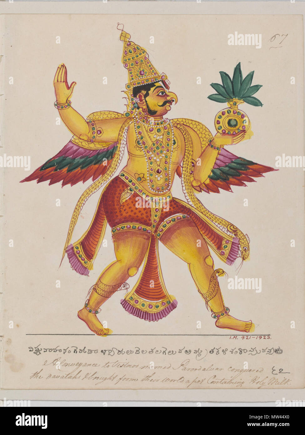 . Englisch: Garuda, die 'vahana' von Vishnu, der Rückkehr mit der Vase von Amrita, die er von den Göttern gestohlen hatte, um seine Mutter aus Kadru, der Mutter der Schlangen zu befreien. Die 'vahana' ist das Tier oder Fahrzeug einer hinduistischen Gott oder Göttin. Aus einer Reihe von 100 Zeichnungen der hinduistischen Gottheiten in Südindien. ca. 1825 erstellt (gemacht). Unbekannt (Produktion) 234 Garuda Rückkehr mit der Vase von Amrita Stockfoto