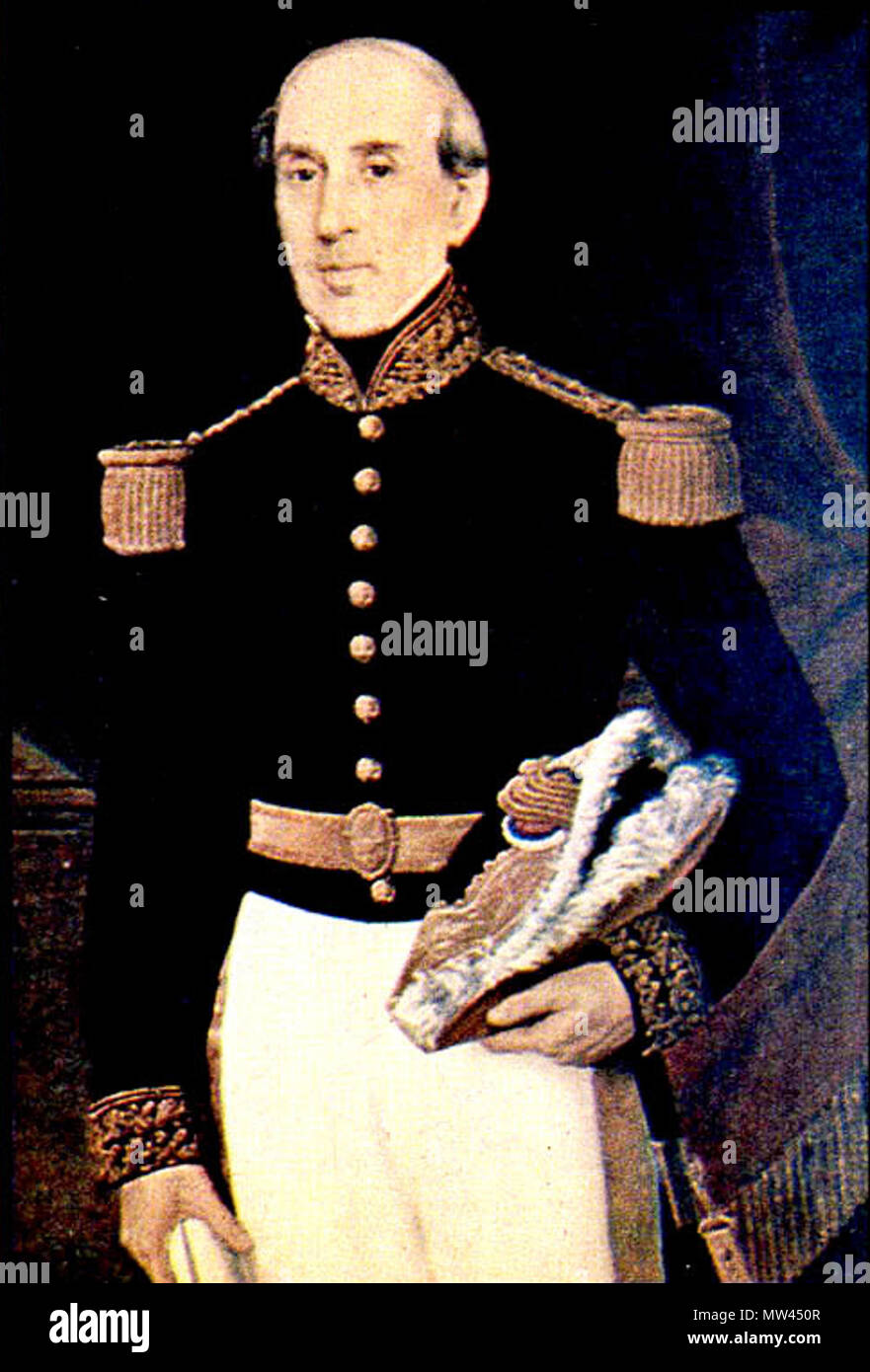 . Español: Manuel Blanco Encalada (Buenos Aires, 21 de abril de 1790 - Santiago, 5 de Septiembre de 1876), fue un-militar Chileno [1] de origen Argentino [2] que participó en las Guerras de Independencia de Chile, del Perú y contra la Confederacion Perú-Boliviana. En el período de Patria Vieja fue Capitán del Ejército patriota Bajo las órdenes de Carrera y en la Patria Nueva se incorporó Como oficial en el "Ejército Libertador Unido de Chile". 19. Unbekannt 391 Manuel Blanco Encalada 2 Stockfoto