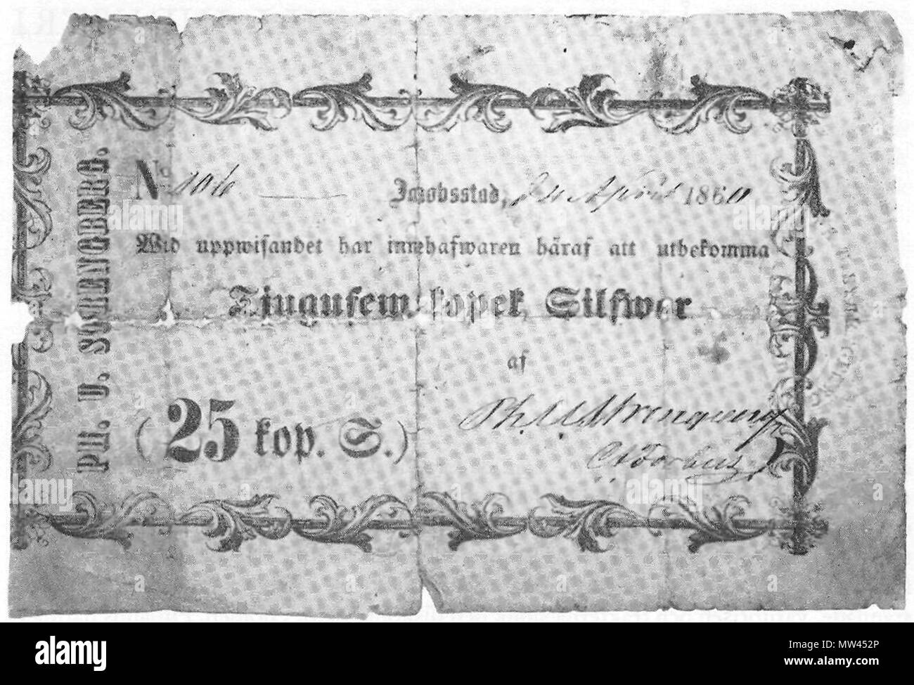 . Englisch: Banknote, ausgestellt von der * Finnische Tobacco Company Strengberg 1862. Svenska: Sedel released av tobaksfirman Strengberg 1862. 1862. Ab Ph. Us Strengberg&C: o Oy. 578 Strengberg sedel Stockfoto