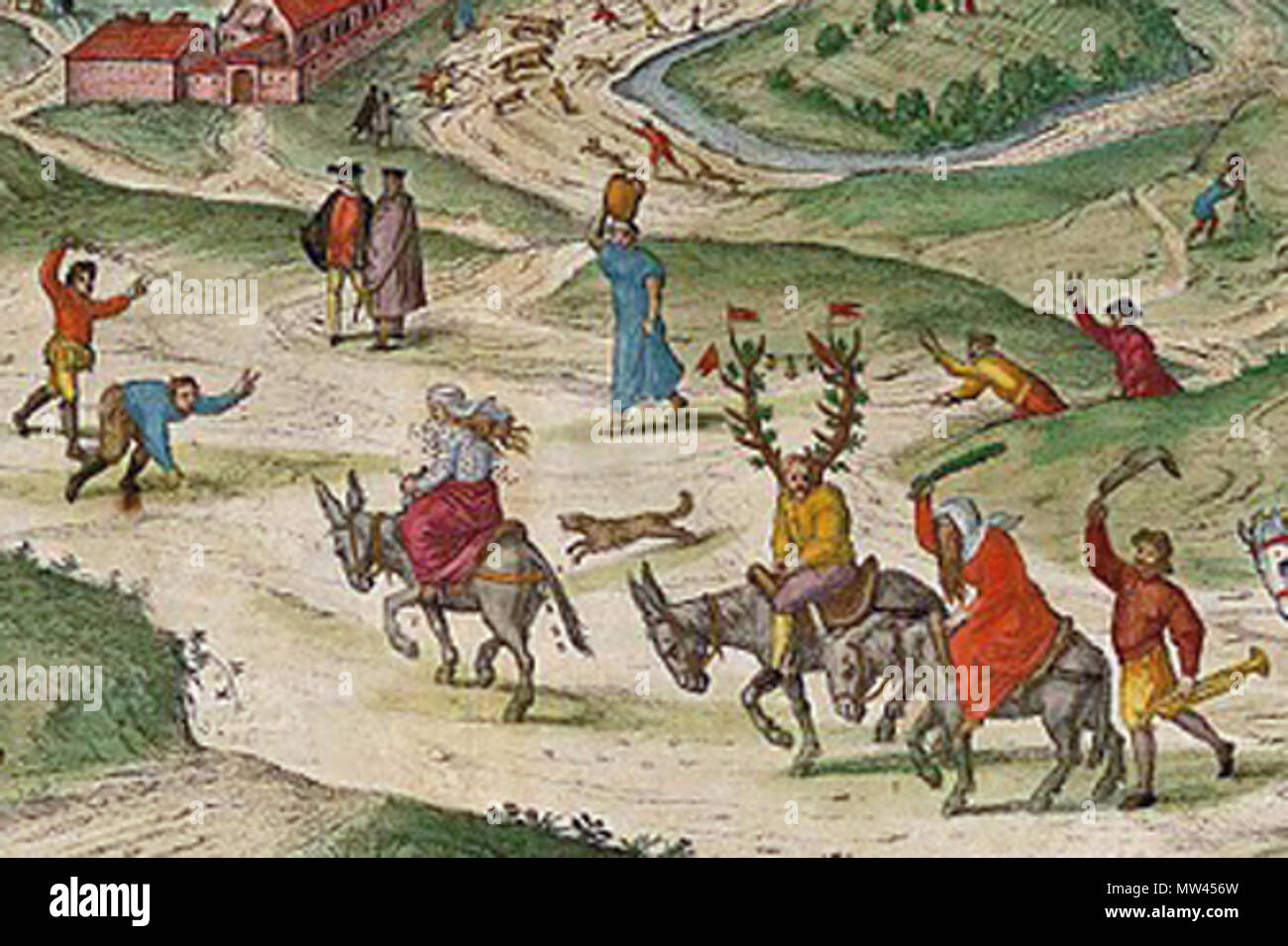 . Englisch: Detail aus dem Vordergrund der Blick über die Stadt Sevilla im dritten Band von Georg Braun Civitatis Orbis Terrarum veröffentlicht (1597). Thisr Teil der Gemälde zeigt eine seltsame Szene, in der der Schlüssel als S aufgeschlüsselt: Ausführung de "Justicia de los cornudos patientes und T: acazuettas Ausführung de l'publicas. Die 'patient Cuckold", ein Mann mit gebundenen Händen, tragen Hörner aus belaubten Zweigen (oder Geweih mit Grün gewickelt?) mit Glocken und Fahnen aufgehängt, und seine ehebrecherische Frau (Halb angekleidet und von einem Schwarm Bienen umgeben) Reiten Esel, vermutlich als Strafe für ihre Schande Stockfoto