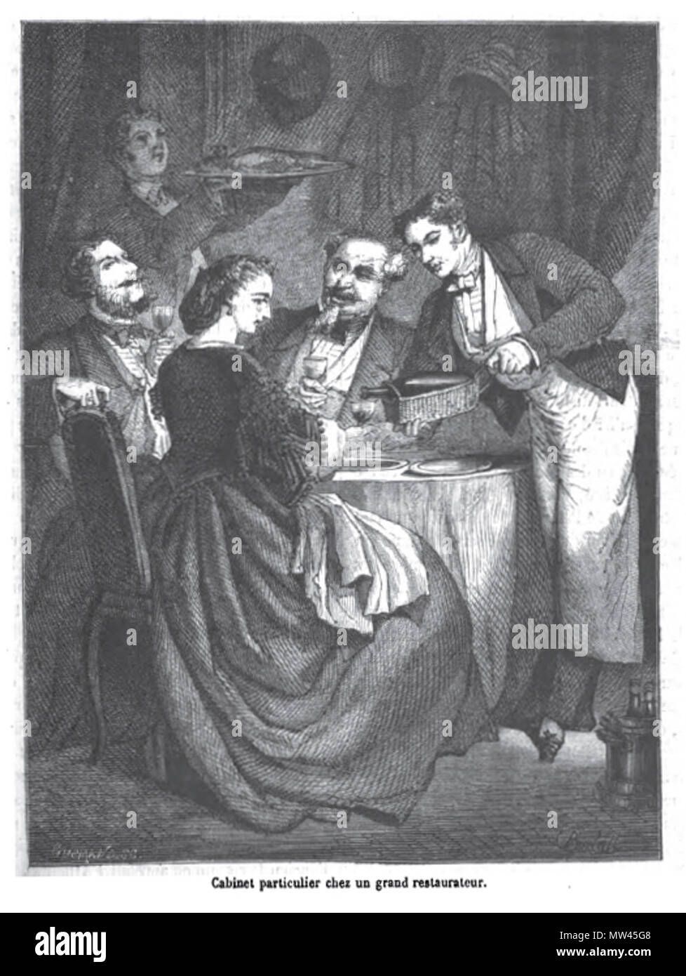 . Englisch: Speisen stand in einem französischen Restaurant English: Séparée in einem französischen Restaurant, Titelblatt der La Semaine des familles: Universelle vom Revue 3. Oktober 1863. Kein Urheber erwähnt. Français: Kabinett particulier chez Un grand Restaurateur. Vor 1864. nicht erwähnt 107 Cabinet particulier Stockfoto
