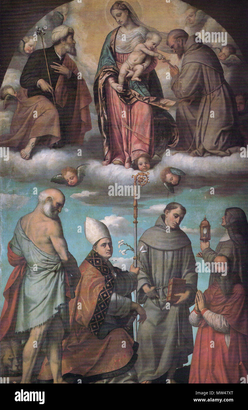 . Madonna mit Kind in Herrlichkeit mit Heiligen Joesph und Francis. Madonna col Bambino in Gloria con i Santi Giuseppe e Francesco d'Assisi, in Basso i Santi Girolamo, Ludovico da Tolosa, Antonio da Padova, Chiara e Il Cardinale Uberto Gambara (moretto). 1540. Firma Decca-pubblicata da RobyBS 89 386 Madonna col Bambino in Gloria con i Santi Giuseppe e Francesco d'Assisi, in Basso i Santi Girolamo, Ludovico da Tolosa, Antonio da Padova, Chiara e Il Cardinale Uberto Gambara Stockfoto