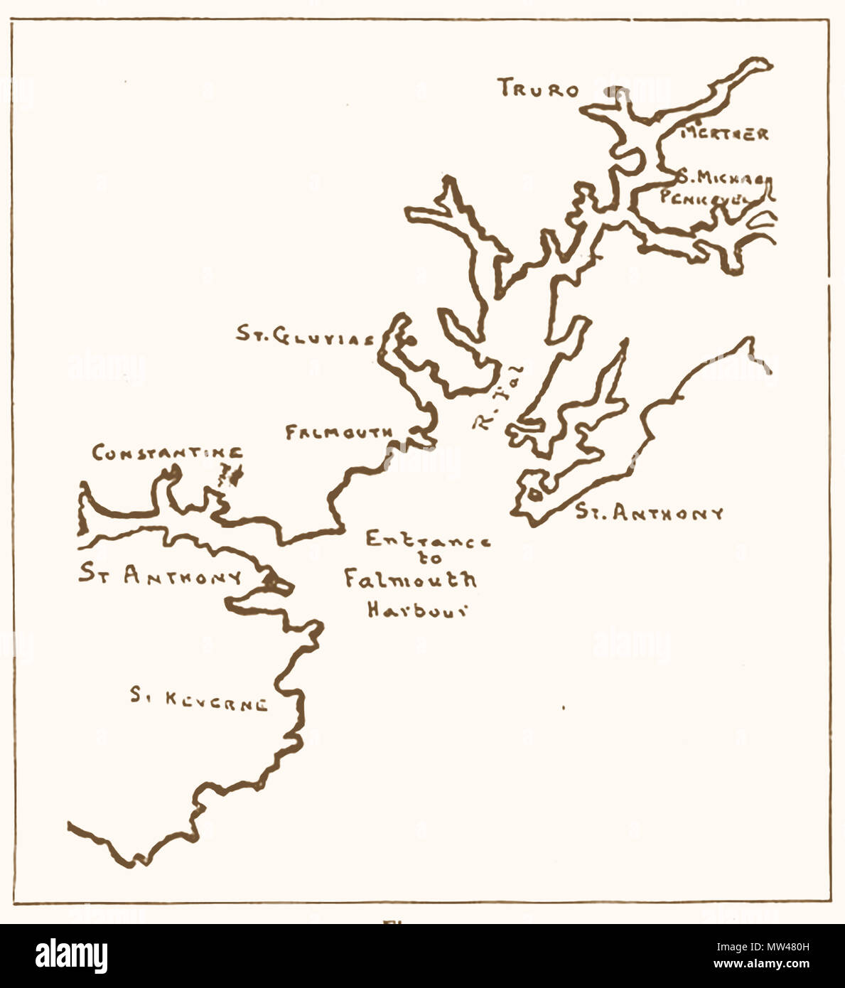 Eine alte Skizze Karte von Falmouth Harbour, wo eine Astralagus (eine alte Masseln aus Zinn) in den 1800er Jahren gefunden wurde. Stockfoto
