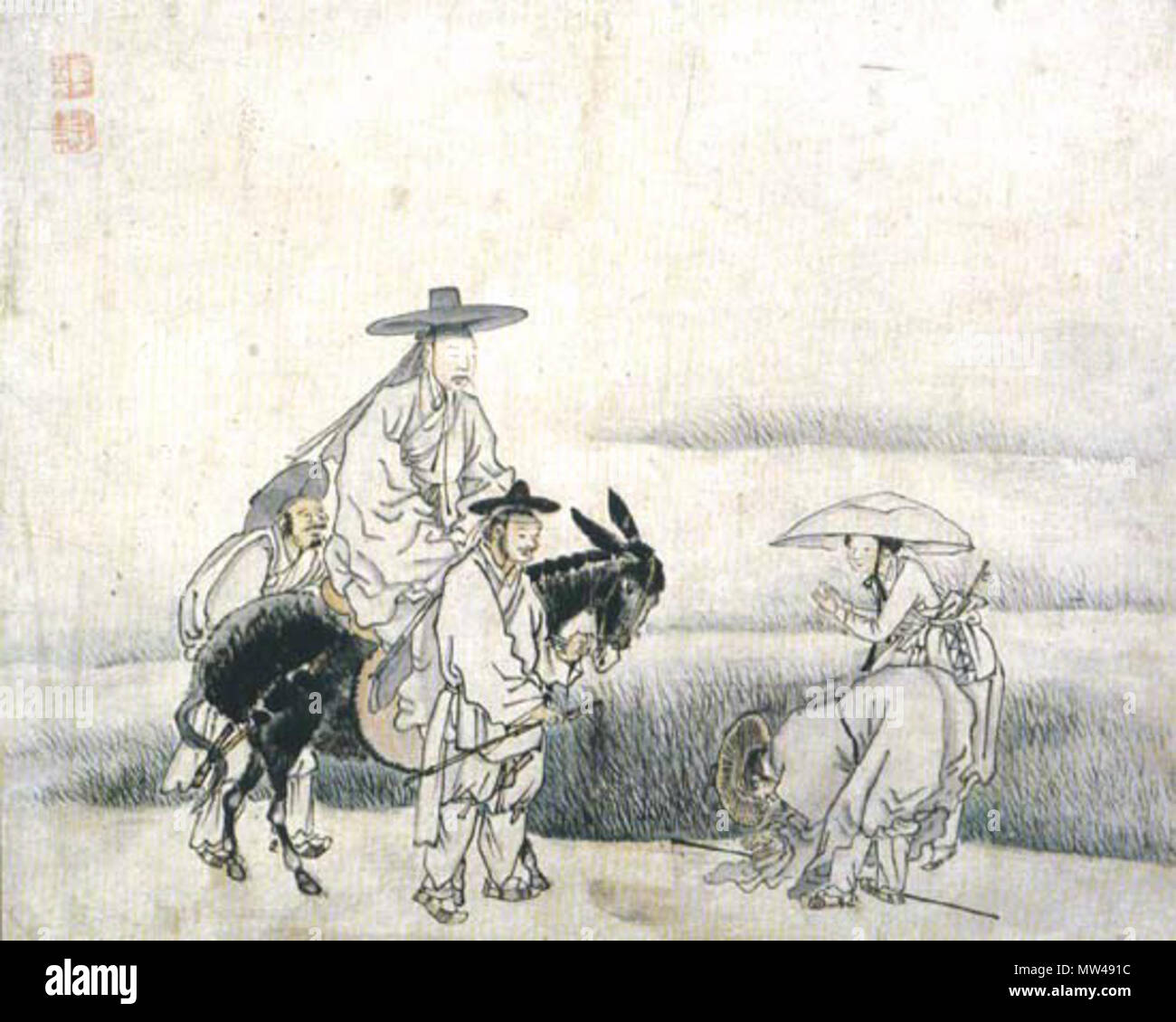 . Plattdüütsch: Dat Bild Eddelmann un-Buur' von 'n koreaanschen Maler Kim Duk-Sünde. Der 18/17.Jahrhundert. Kim Duk-sin 339 Kim Duk-Sünde, Adeliger und Bauer Stockfoto