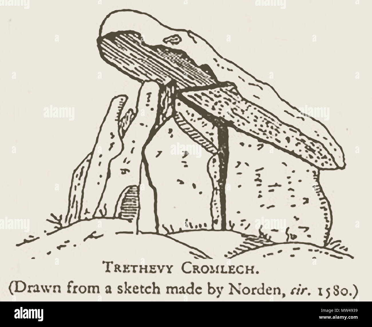 Ein 1919 Skizze der Trethevy Quoit (cromlech) megalithischen Grab, in der Nähe von Tremar Coombe, Cornwall, England Stockfoto