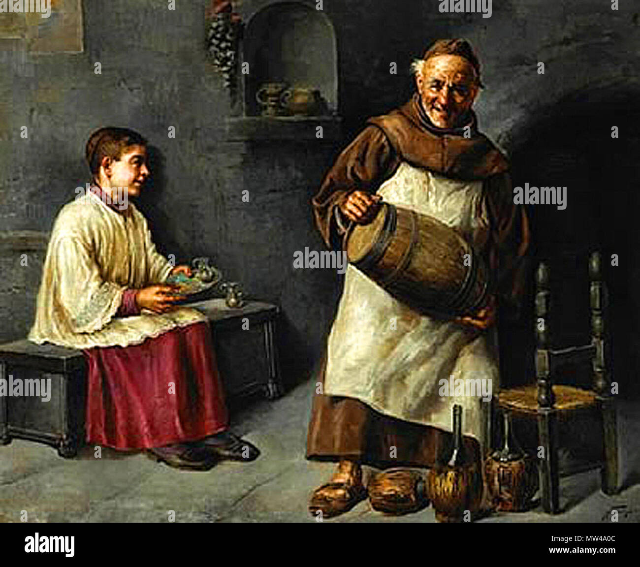510 Raffaello Frigerio (1875-1940) Moine et enfant de Choeur à la Cave à vin Stockfoto
